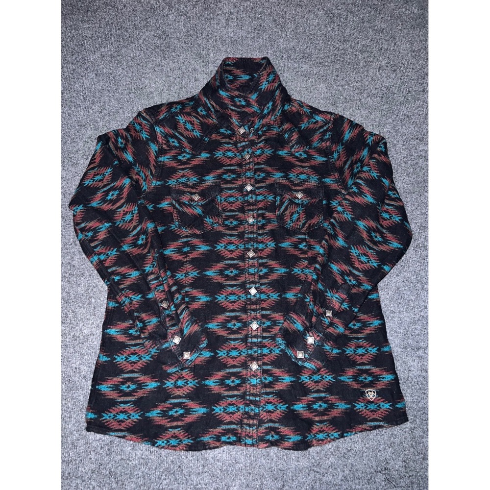 Ariat REAL Womens Large Western Snap Shirt Southwest Aztec Print Black Teal Rust